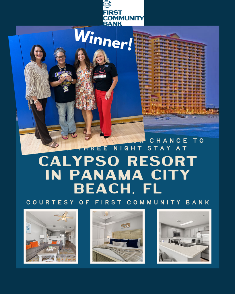 This is a graphic that show the picture of a hotel on a beach, but it also has a picture of the person who won the vacation along with the presenters.