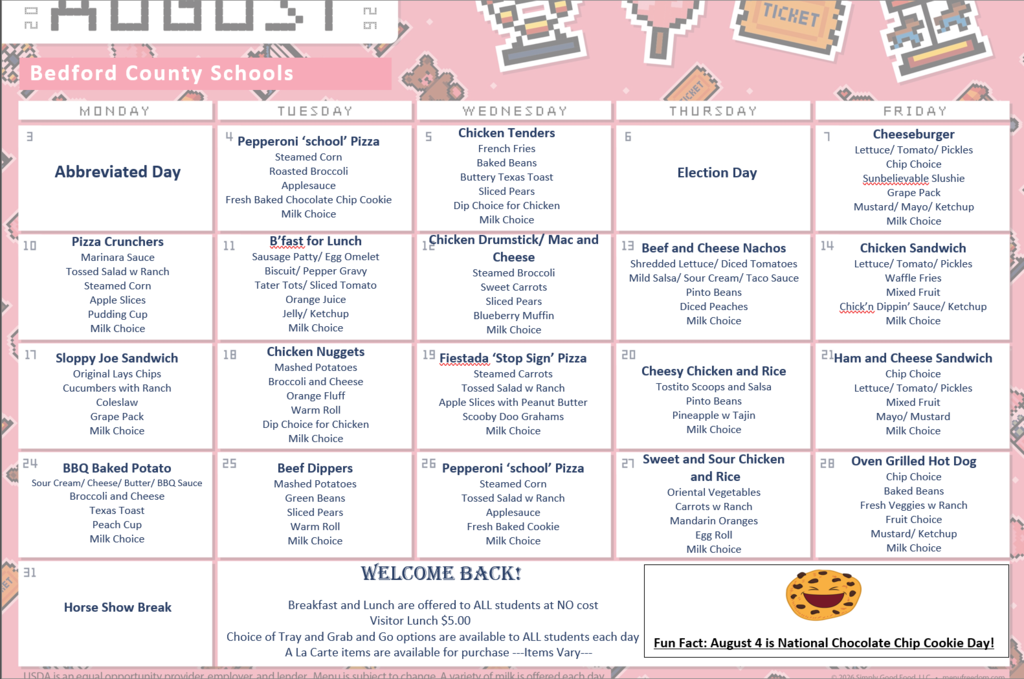 August 2026 Lunch Schedule