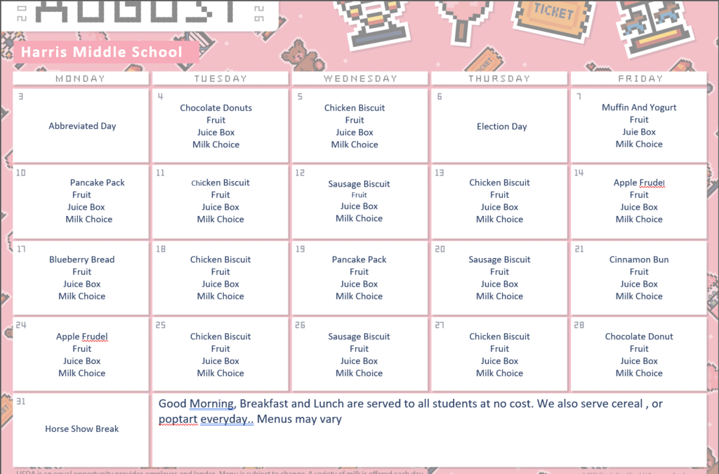 August 2026 Breakfast Schedule