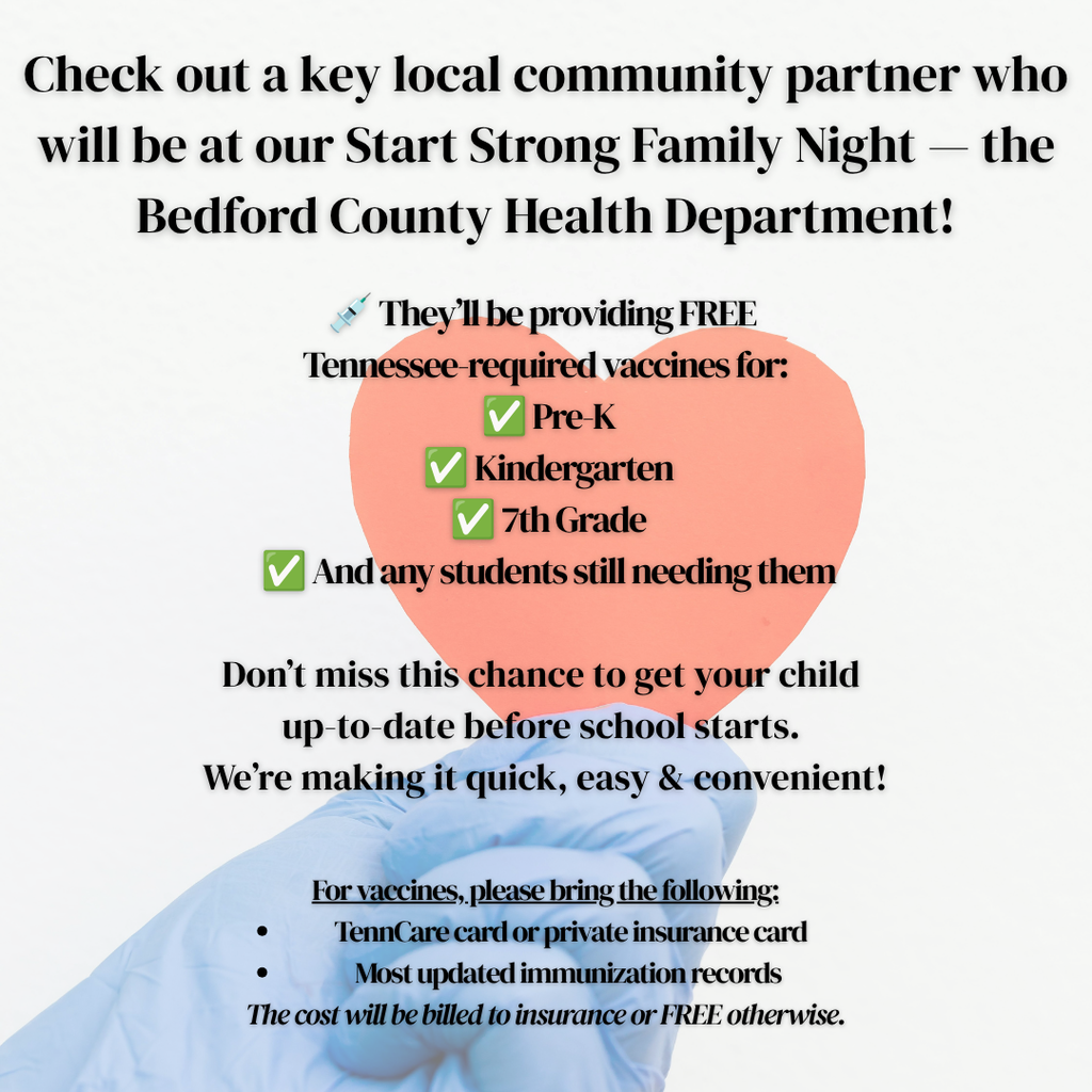 This is a graphic about how the Bedford County Health Department is going to be participating in Start Strong Family Night and it is giving information on who is eligible, insurance and what to bring. 