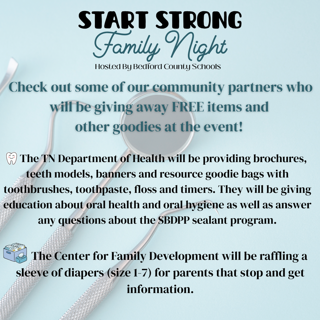 A Start Strong Family Night Graphic containing information about what the TN Department of Health and The Center for Family Development will be giving away at the event. 