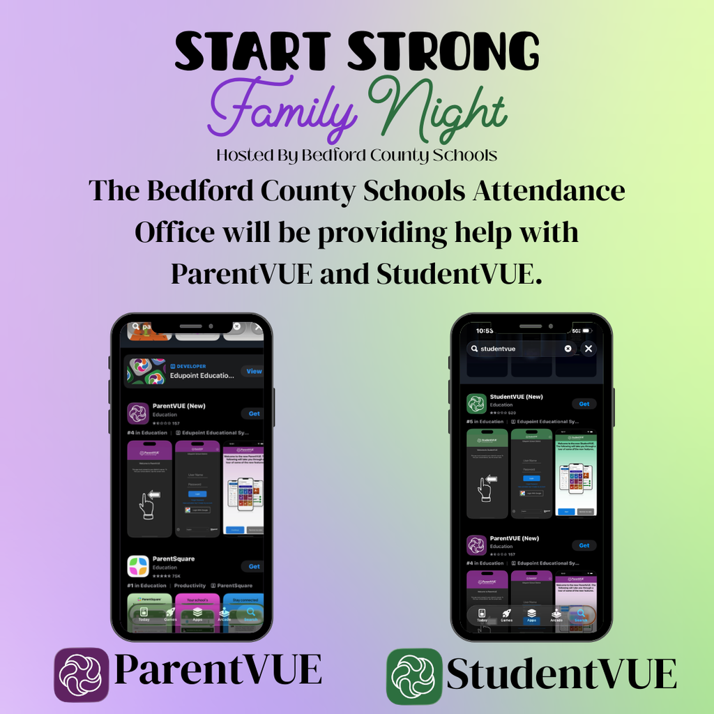 This is a purple and green graphic about Start Strong Family Night and how the Attendance Office will be at this event to help families obtain access to their account.