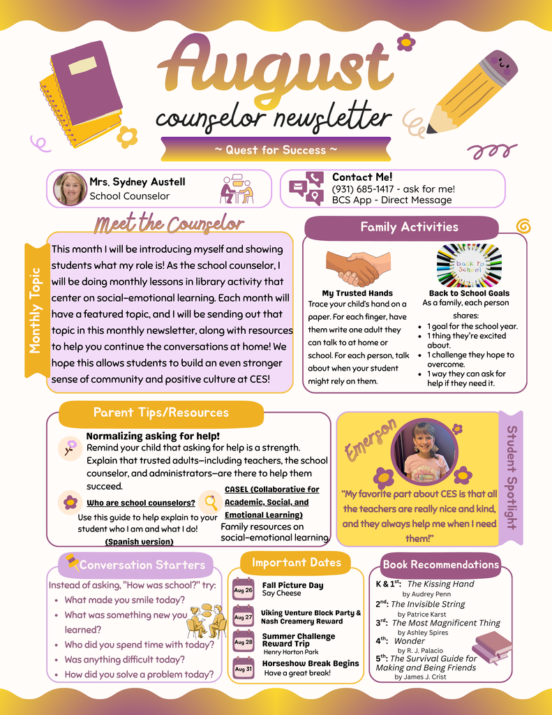 Our school counselor is a valuable resource dedicated to supporting our students and families and can be reached by calling the school or messaging her directly through the BCS app.