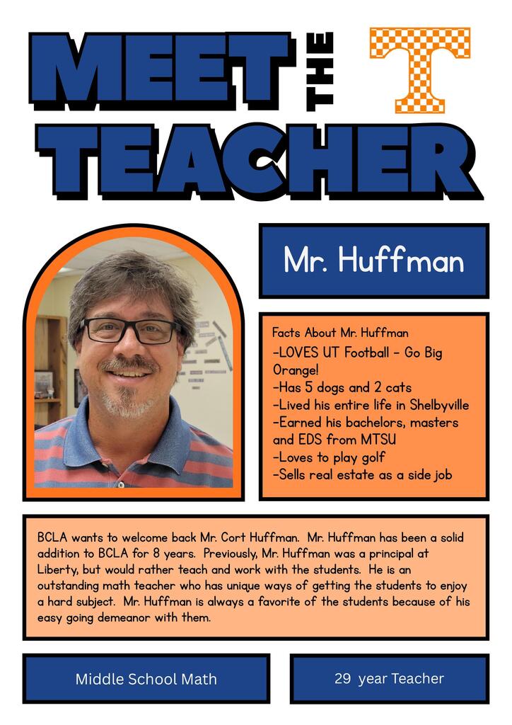flyer showing 8th year teacher Mr. Huffman