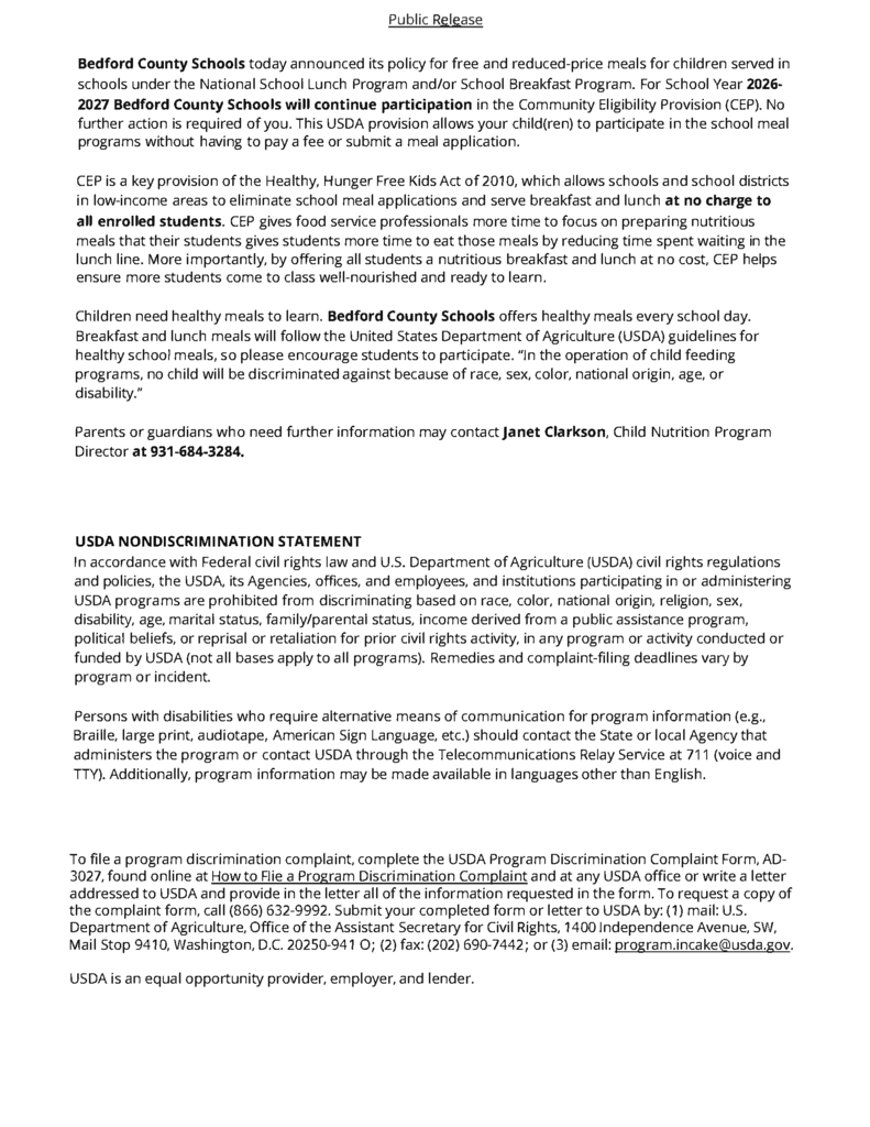 This is a picture of a public release that was put out about free breakfast and lunches for students in the district.