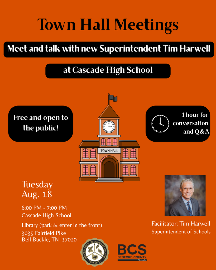 Town Hall meeting flyer with Superintendent Tim Harwell on Tuesday, August 18, 6:00-7:00 PM at Cascade High School Library. Free and open to the public.