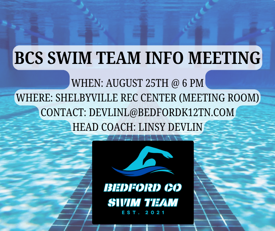 This is a blue graphic about a BCS swim team info meeting.