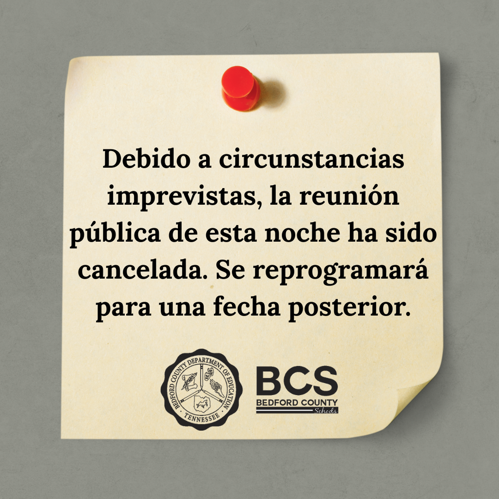 This is a gray graphic in Spanish that mentions the Town Hall scheduled for this evening has been cancelled.