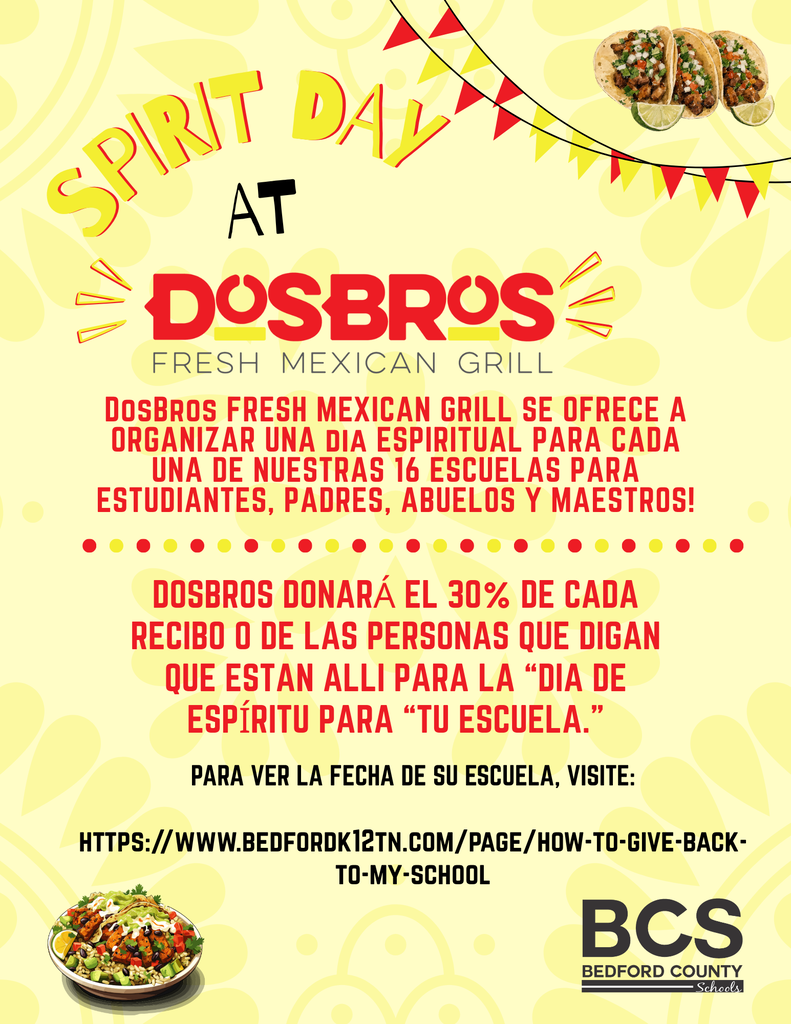 Yellow and red graphic in Spanish for DosBros Spirit Day that gives details on what it is.