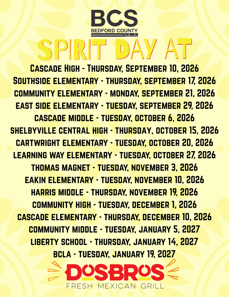 Yellow and red graphic for DosBros Spirit Day that gives all of the dates for each of our 16 school's spirit day.