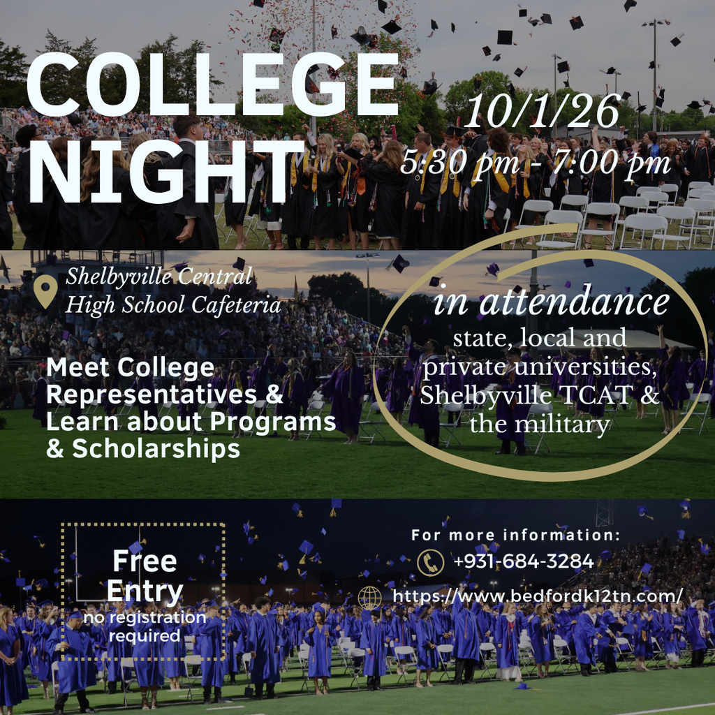 College Night graphic that has a picture from our three different schools graduations.