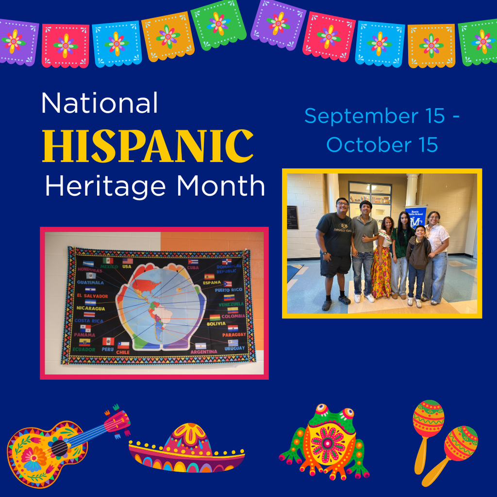 A mainly blue, but colorful National Hispanic Heritage Month graphic.