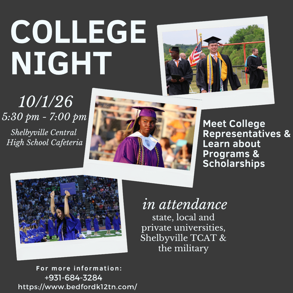 College Night graphic that has a picture from our three different schools graduations.