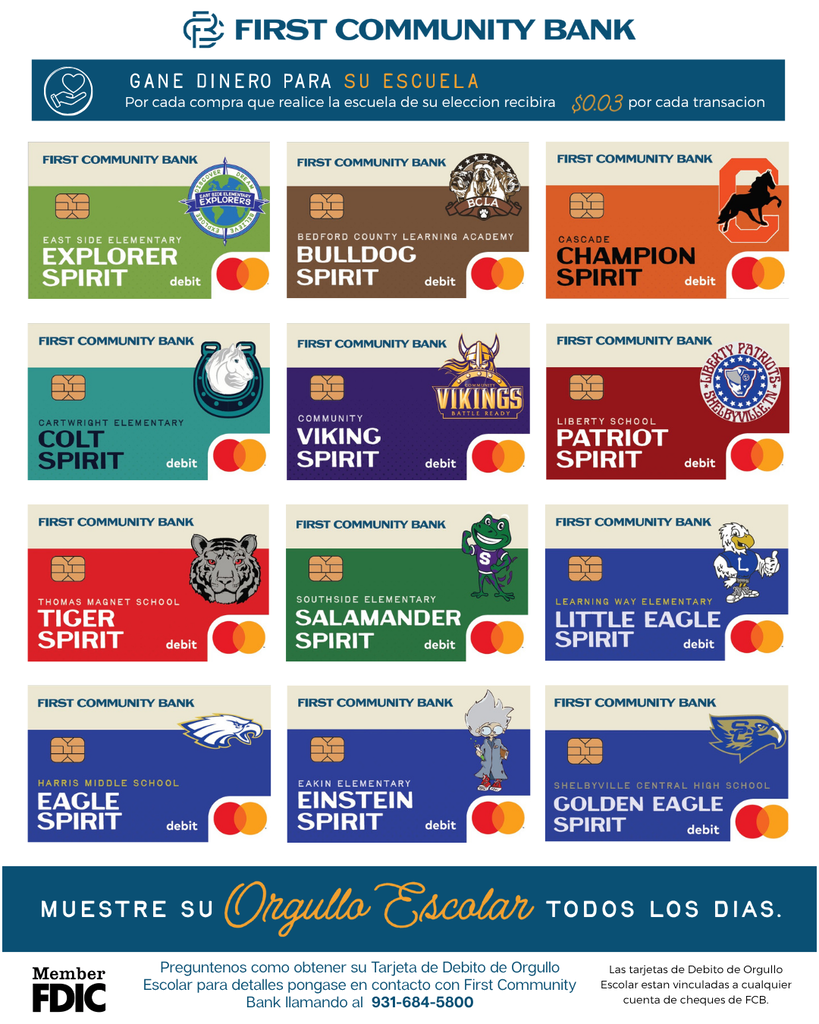 First Community Bank debit card graphic with all of the schools' logos on it in Spanish.