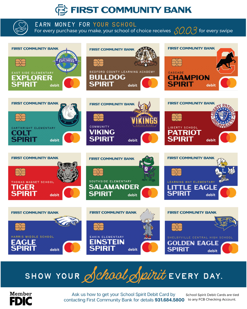 First Community Bank debit card graphic with all of the schools' logos on it in English.