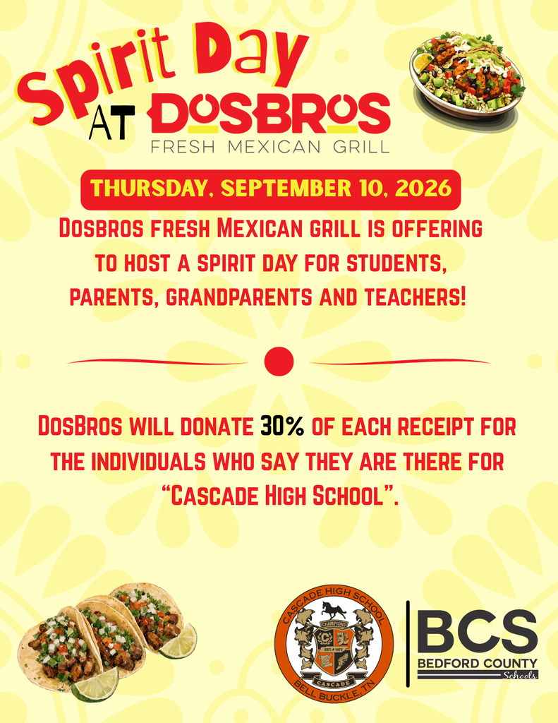 Spirit Day fundraiser flyer for Cascade High School at Dosbros Fresh Mexican Grill on Thursday, September 10, 2026. 30% of receipts donated.
