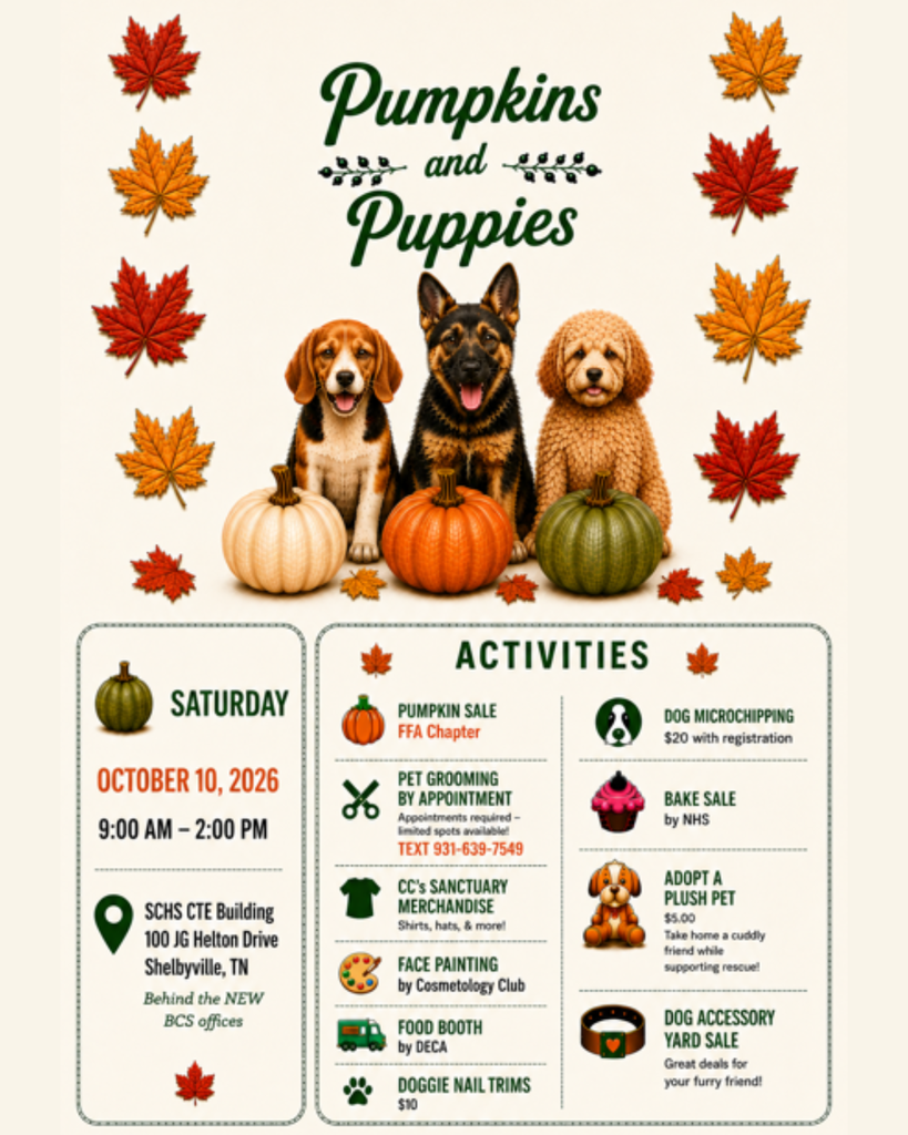 This is a cream color graphic to promote the Pumpkins and Puppies event at the SCHS Annex.