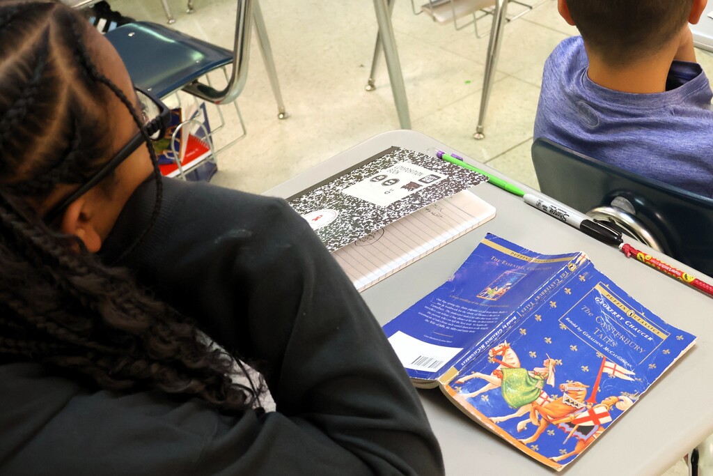 This is a picture of the book that the students are reading as it is laying face down on a student's desk. 