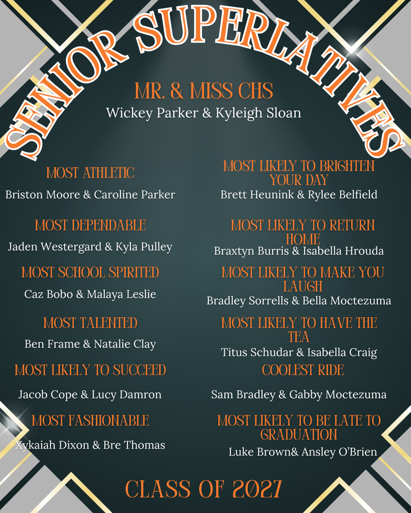 Class of 2027 Senior Superlatives formal poster on dark teal background with orange and white typography and geometric gray, black, and gold decorations. Mr. & Miss CHS: Wickey Parker & Kyleigh Sloan. Categories include Most Athletic (Briton Moore & Caroline Parker), Most Likely to Brighten Your Day (Brett Heunink & Rylee Belfield), Most Dependable (Jaden Westergard & Kyla Pulley), Most Likely to Return Home (Braxtyn Burris & Isabella Hrouda), Most School Spirited (Caz Bobo & Malaya Leslie), Most Likely to Make You Laugh (Bradley Sorrells & Bella Moctezuma), Most Talented (Ben Frame & Natalie Clay), Most Likely to Have the Tea (Titus Schudar & Isabella Craig), Most Likely to Succeed (Jacob Cope & Lucy Damron), Coolest Ride (Sam Bradley & Gabby Moctezuma), Most Fashionable (Xykaiah Dixon & Bre Thomas), and Most Likely to Be Late to Graduation (Luke Brown & Ansley O'Brien).