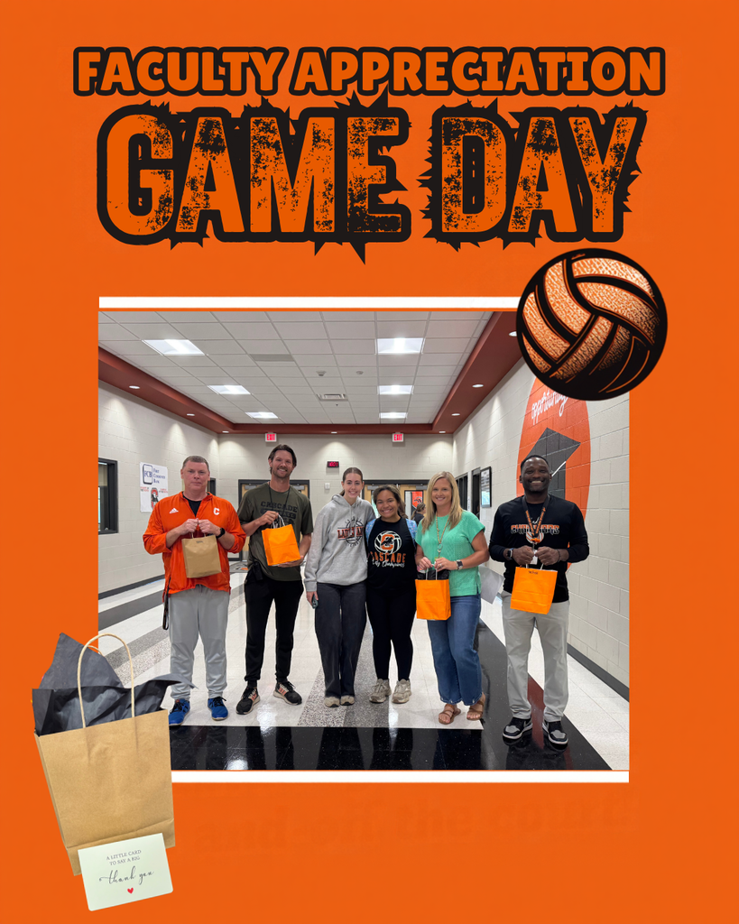 Bright orange Faculty Appreciation Game Day poster with volleyball graphic and photo of six faculty members holding orange gift bags in school hallway.