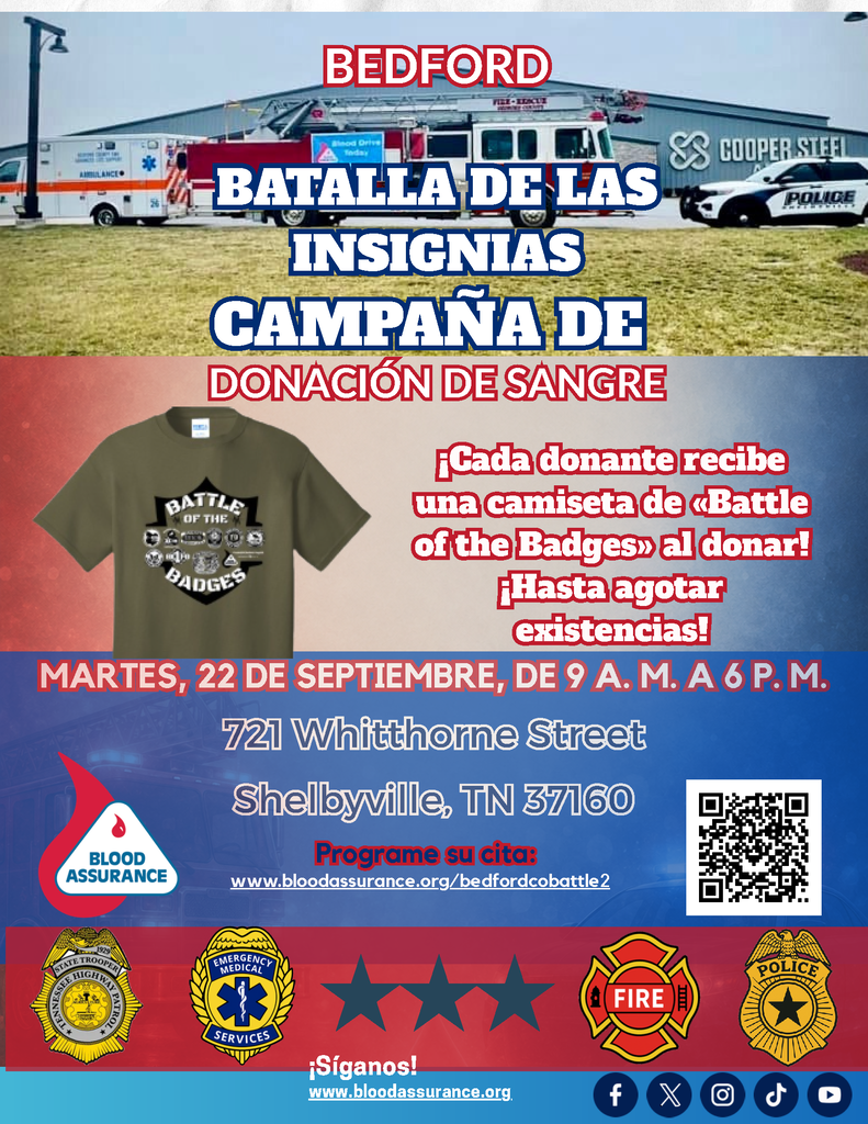 This is a Bedford Battle of the Badges Blood Drive graphic in Spanish.