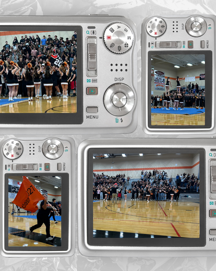 Collage of four photos from Cascade High School pep rally in gymnasium showing students in bleachers, cheerleaders performing, student running with Class of 2027 orange flag, and wide view of packed gym.