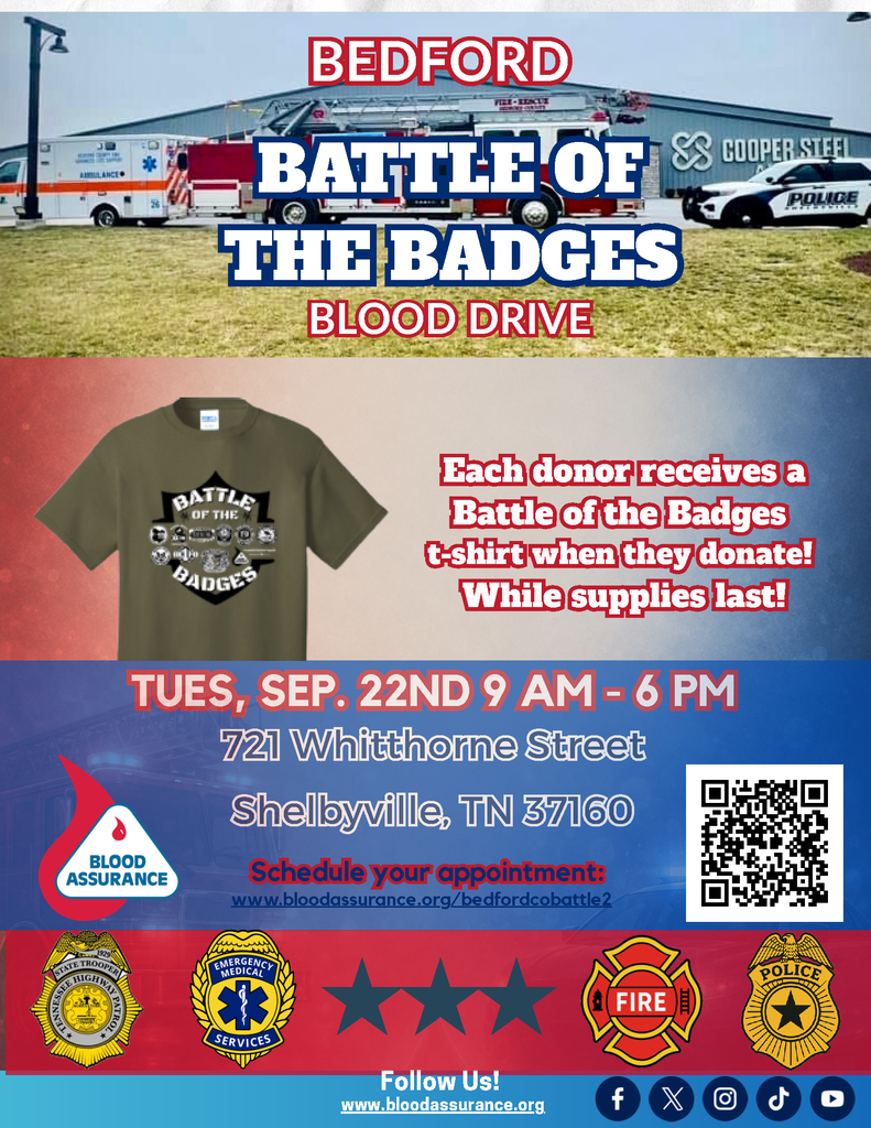 This is a Bedford Battle of the Badges Blood Drive graphic in English. 