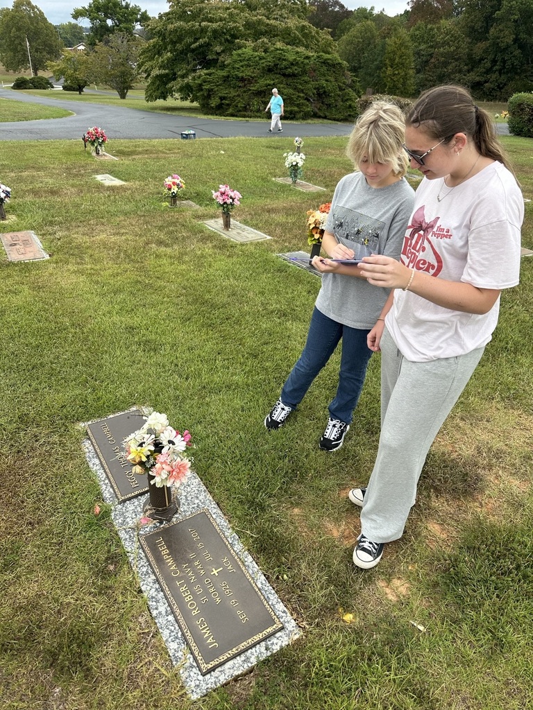 There are two students discussing the service members information at the cemetery. 