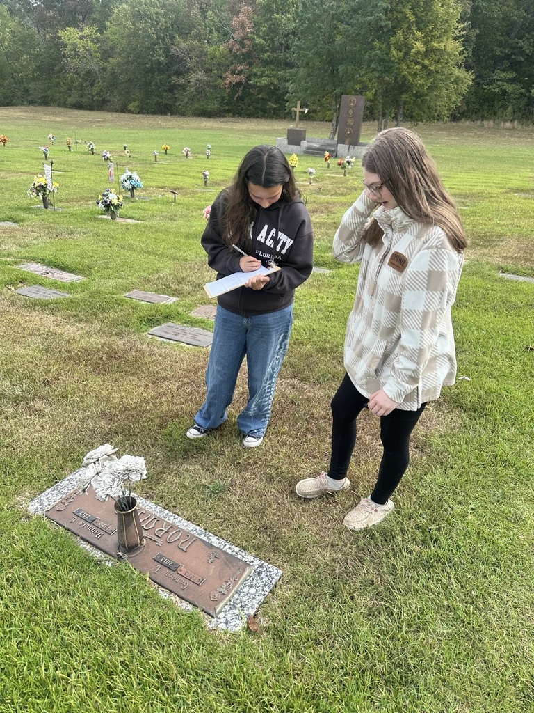 There are two students discussing the service members information at the cemetery. 