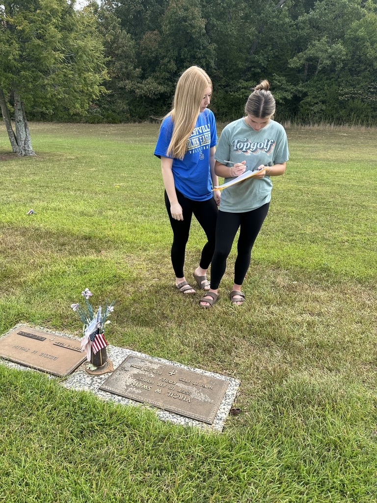 There are two students discussing the service members information at the cemetery. 