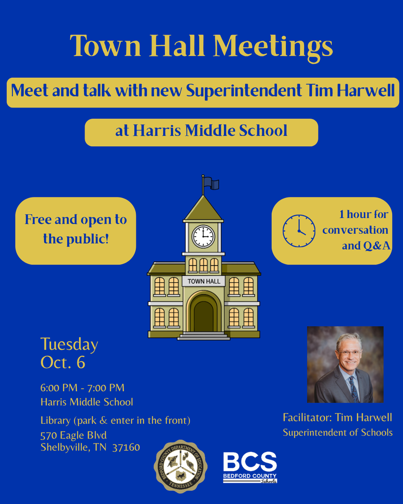 Blue and gold Harris Middle School town hall meeting graphic. 