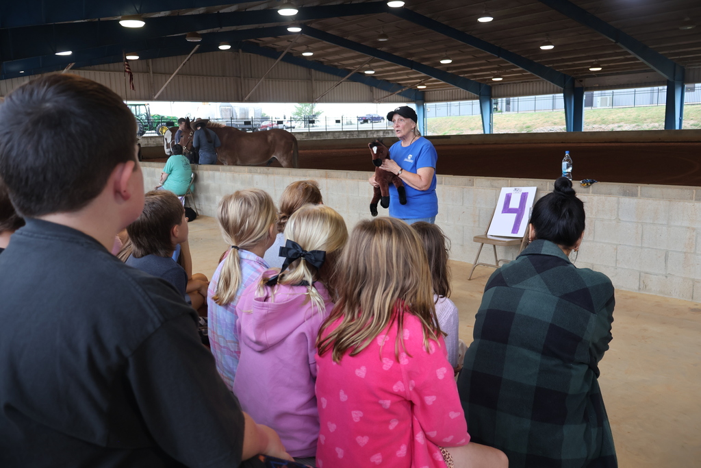 A woman is standing while holding a plush horse while students are sitting on bleachers in front of her listening to her speak. 