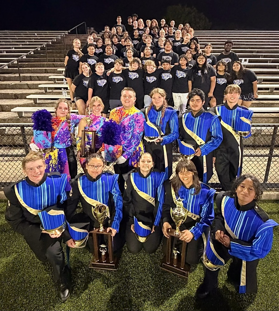 Members of the marching band pose for a group picture on the field and the bleachers. 