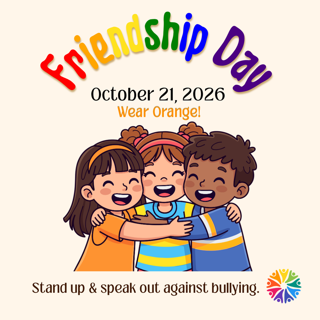 Friendship Day Graphic with colorful writing and three cartoon children who are all doing a group hug. 