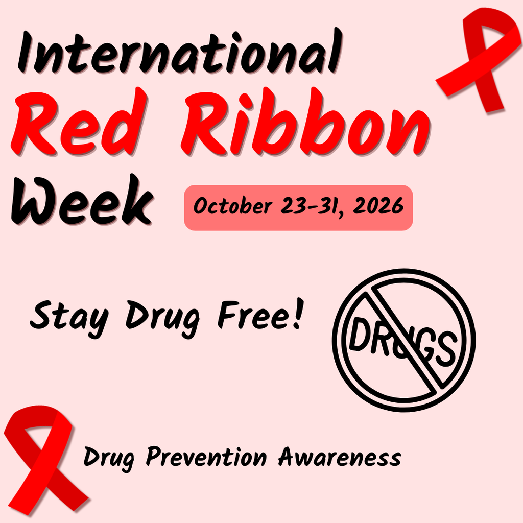 This is a pink graphic for International Red Ribbon Week and it has black writing and red ribbons. 
