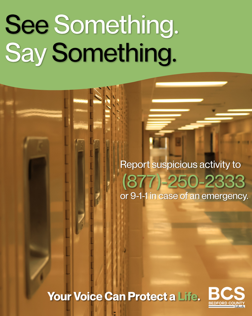 See Something. Say Something. graphic that shows a row of lockers down a hallway. 