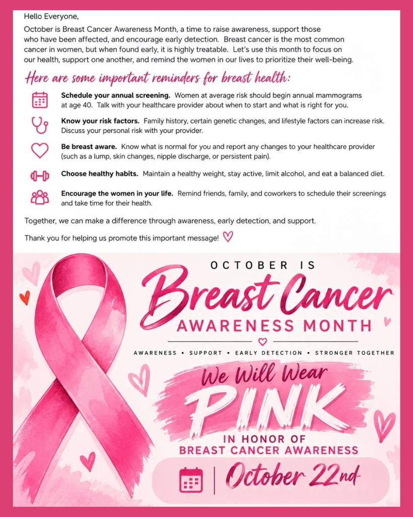 This is a pink and white graphic for Breast Cancer Awareness month and it includes important health reminders on the graphic.
