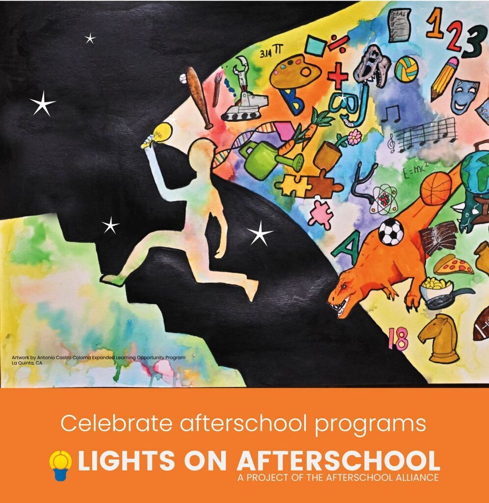 This is a colorful graphic that has different elements on it having to do with school for the LEAPs "Lights on Afterschool" showcase that is coming up on October 22.