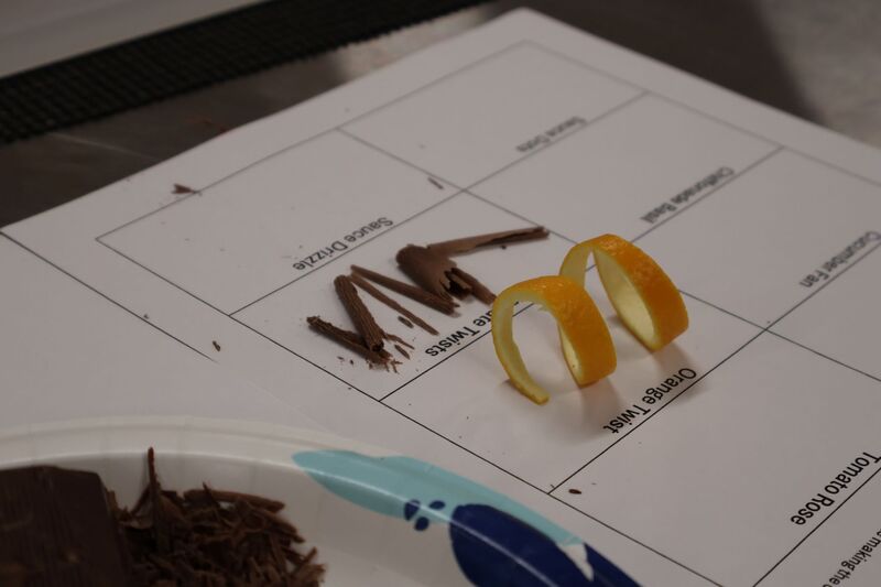 Chocolate and orange edible garnishes laying on a sheet of paper.