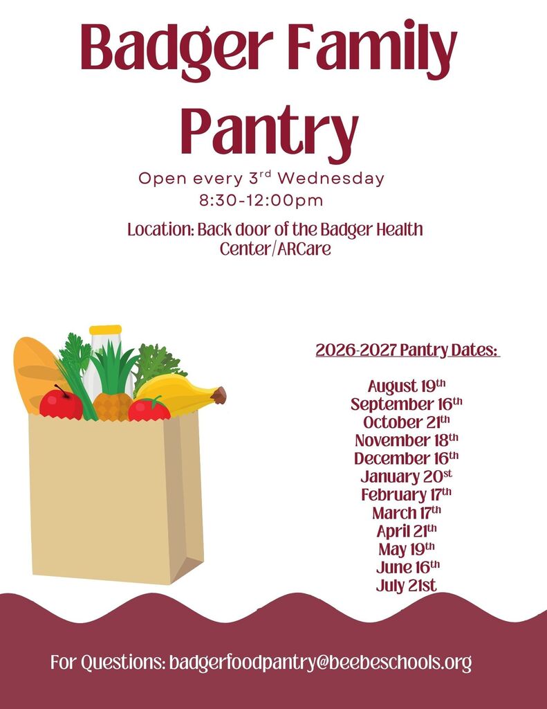 Here are the dates for the Badger Food Pantry that is located behind the AR Care Clinic on the Main Campus.  August 19 September 16 October 21 November 18 December 16 January 20 February 17 March 17 April 21 May 19 June 16 July 21