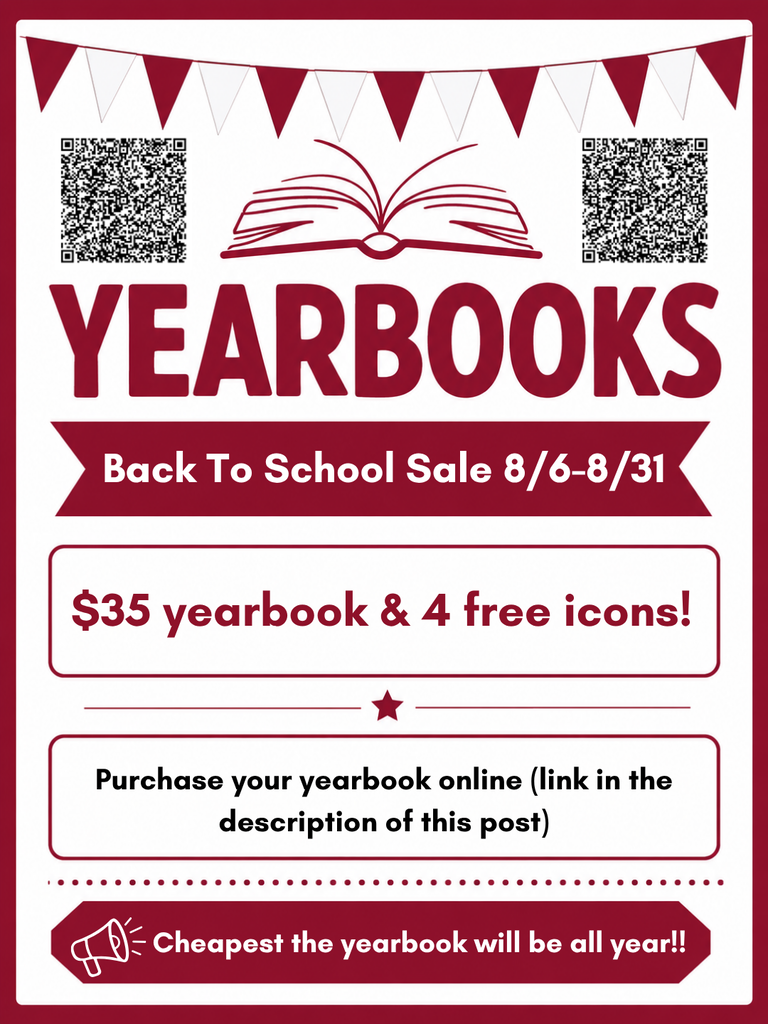 Please see the message from Ms. Byrd, our yearbook advisor.   Hello! I am Ms. Byrd and I am the yearbook advisor for Beebe Middle School this year! Our back to school sale is going on online through the end of the month, this is the cheapest the yearbook will be all year at $35. If you purchase the yearbook this month you will also receive 4 icons completely FREE!! (a $20 value)   You can order a yearbook online through this link  https://jostensyearbooks.com/?REF=A00290010 or scan the QR code. If you have any questions please reach out to me by email at hbyrd@beebeschools.org or SchoolStatus!