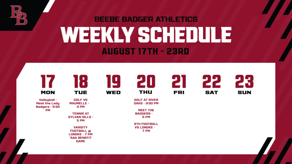 Beebe Badger Athletics weekly schedule for 8/17-8/23