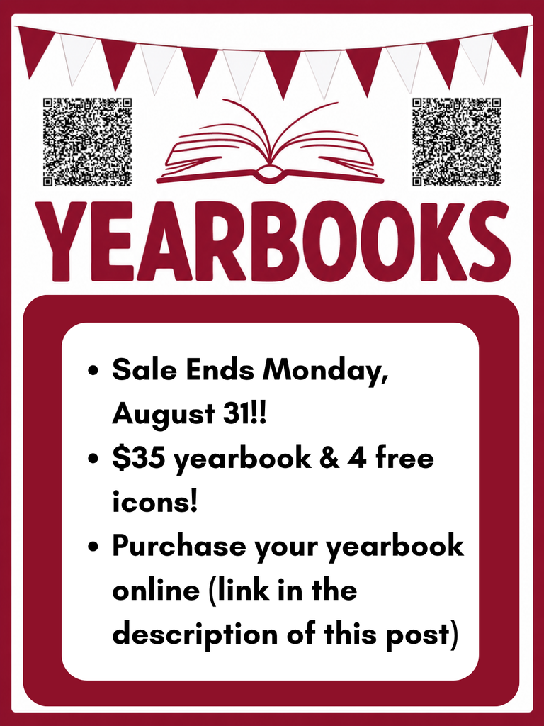 Reminder that the Back to School sale for yearbooks ends on Monday, August 31st! This is the biggest discount for yearbooks all year. If you purchase your student's yearbook during the sale you will automatically receive 4 free icons (a $20 value for FREE). You can purchase discounted yearbooks online through this link https://jostensyearbooks.com/?REF=A00290010 or by scanning the QR codes on the image. If you have any questions feel free to contact Ms. Byrd via SchoolStatus or Email at hbyrd@beebeschools.org.