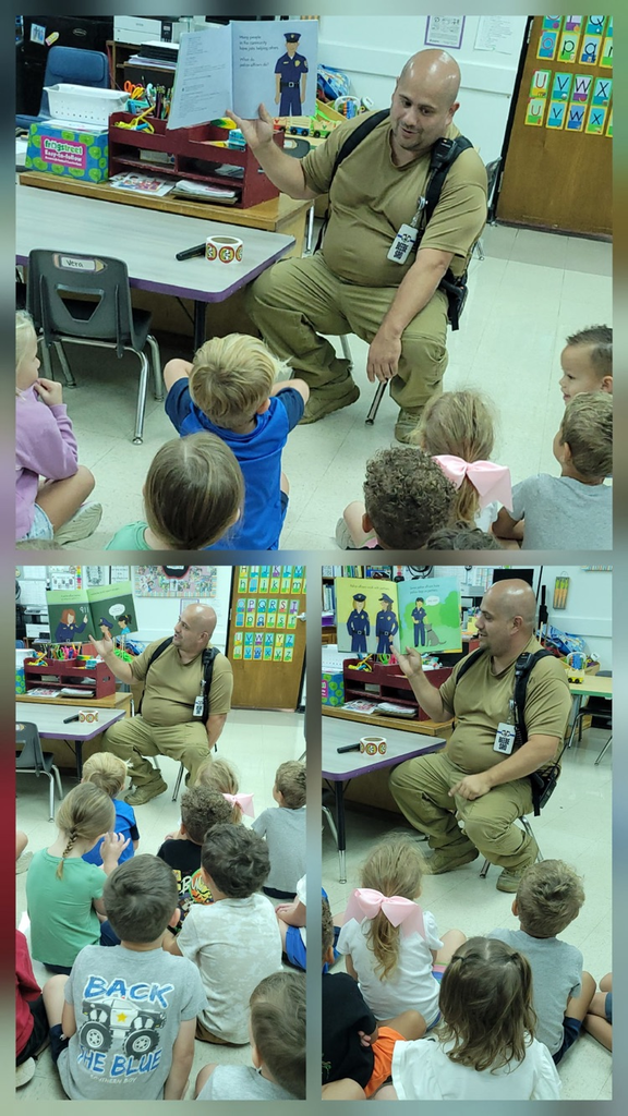 Officer Nappy reading a book to pre-K students.