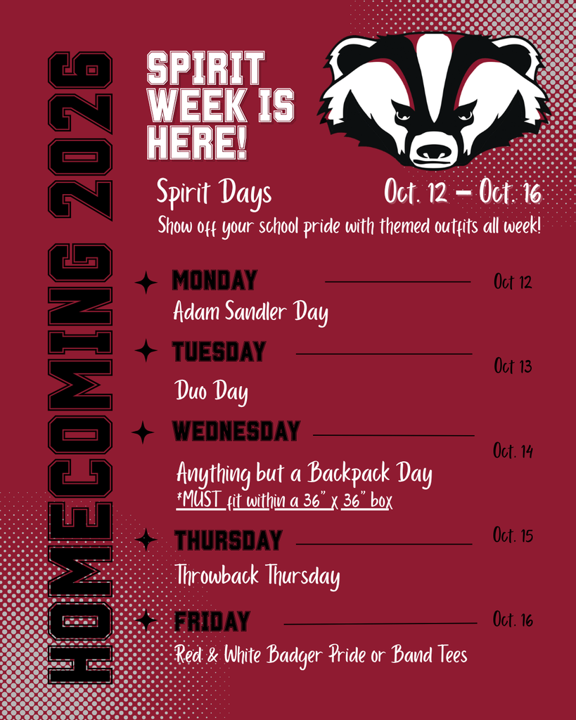 Monday: Adam Sandler Day, Tuesday: Duo Day, Wednesday: Anything but a Backpack, Thursday: Throwback Thursday, Friday: Red and White or Band Tee