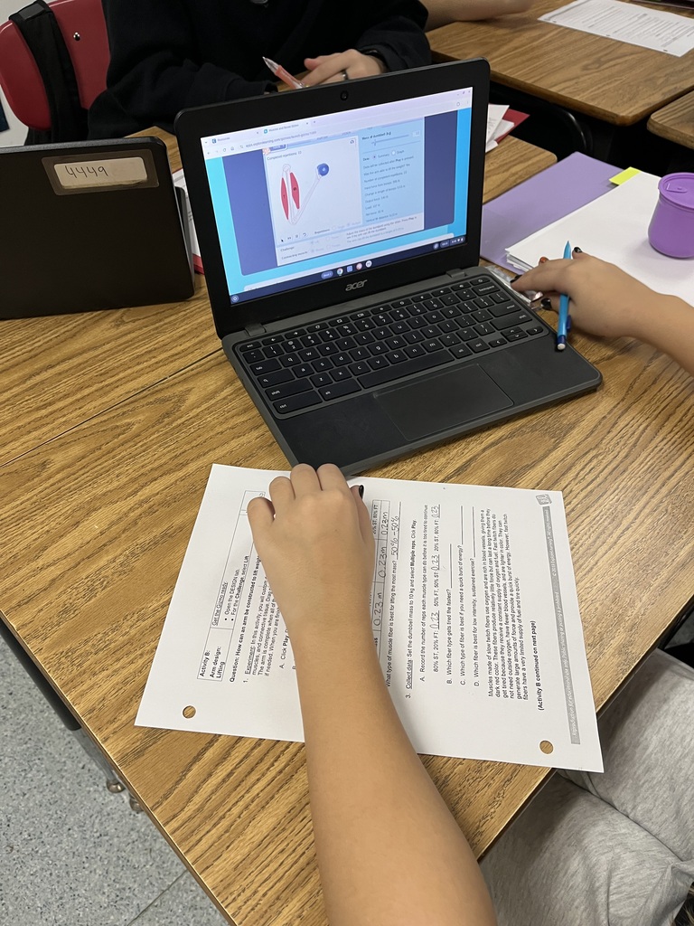In Mrs. Rose’s class today, we are using a Gizmos to design an arm that can lift a dumbbell. We are using our knowledge of how muscles, bones, ligaments, tendons, and cartilage work together to make the joint function.