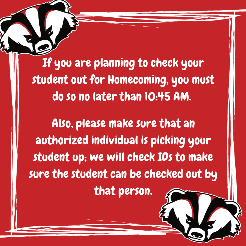 Homecoming is 1 week from today, and we are so excited for the fun day!!   If you are planning to check your student out for Homecoming, you must do so no later than 10:45 AM.   Also, please make sure that an authorized individual is picking your student up; we will check IDs to make sure the student can be checked out by that person.   Car rider students will need to be picked up from 4th grade pick-up on the Main Campus.   Walkers from the McRae Campus will be shuttled back to BMS around 3:45 and can then walk home.