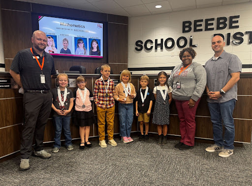 School Board Recognition: Pictured from left to right: Mr. Tate Rector, Kennedy Galloway, Everli Rose, Mavrik Warren, Ruby Anderson, Ryder Baker, Blakely Smith, Dr. Brandy Dillin, and Mr. Chance Hall