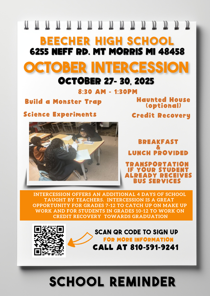 🎃🍂 Fall Into Learning at Beecher High School! 🍂🎃 October 27–30 | Credit Recovery & Community Collaboration Beecher High School is opening its doors for a special Fall Intersession designed to help students catch up, move ahead, and connect with the community! ✅ Credit Recovery: Students can earn back credits and strengthen skills in core subjects. 🤝 Community Collaboration: Local partners will join us for hands-on learning, mentorship, and real-world connections. 🎨 STEAM Activities: Dive into creative projects that blend science, tech, art, and teamwork. 🍁 Fall Fun: Seasonal themes, snacks, and surprises to keep the energy high and the learning exciting! Whether you're a student looking to boost your grades, a parent wanting to stay involved, or a community member ready to support our youth—this is your moment to fall into learning! 📍 Location: Beecher High School 🕒 Dates: October 27–30 📣 Spread the word and let’s make this intersession unforgettable!