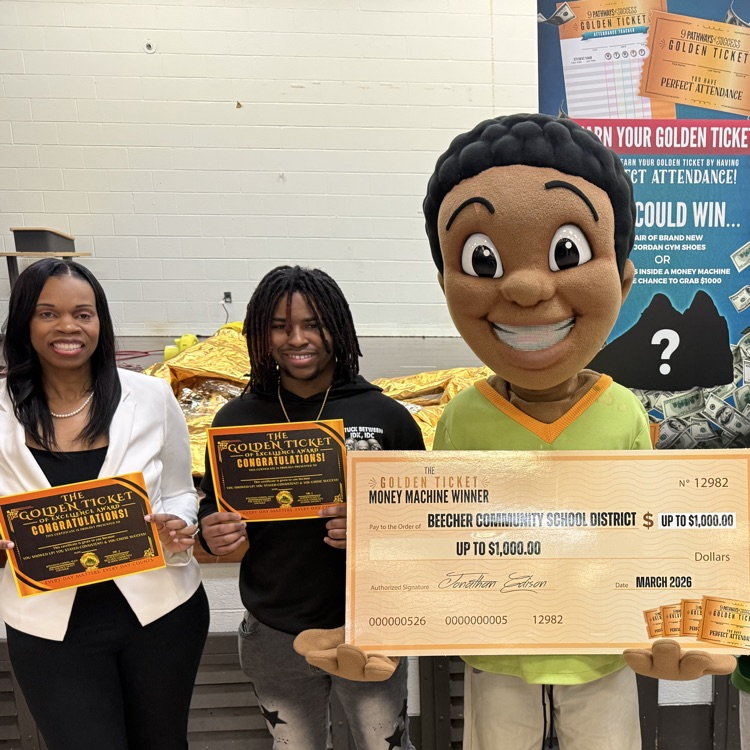 Superintendent Dr. J , student and the Character John John holding Golden Ticket certificates and a big check